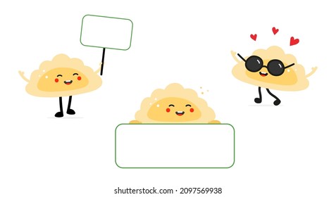 Set, collection of three smiling cartoon style pierogi, filled dumpling characters with hearts and blank card, banner.