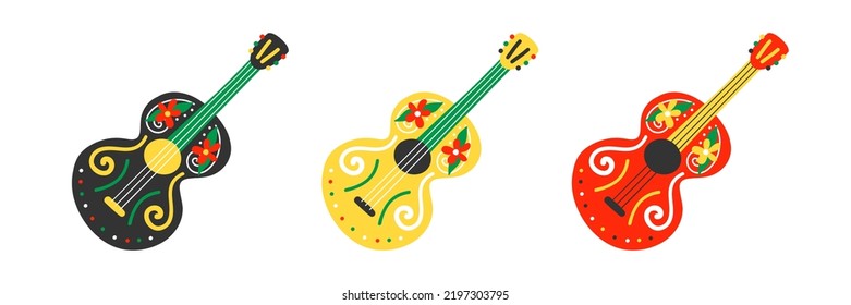 Set, collection of three spanish mexican guitars with flowers and ornaments. Vector illustration, icons.

