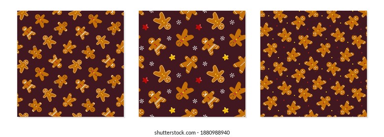Set, collection of three vector seamless pattern backgrounds with gingerbread men traditional christmas cookies.