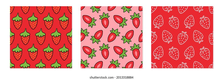 Set, collection of three vector seamless pattern backgrounds with strawberries for food design.