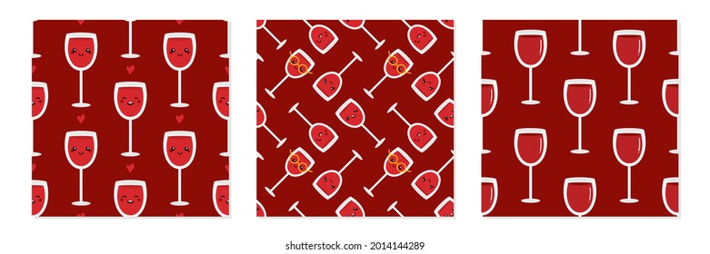 Set, collection of three vector seamless pattern backgrounds with red wine glass characters and glasses of wine for drinks and beverages design.
