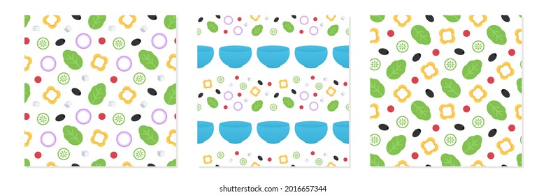 Set, collection of three vector seamless pattern backgrounds with vegetable mix and salad bowls for healthy food design.
