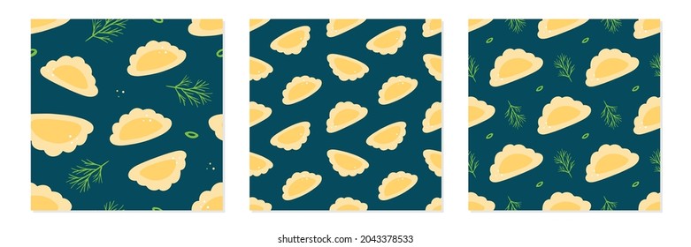 Set, collection of three vector seamless pattern backgrounds with  pierogi, filled dumplings with dill and green onion for food design.