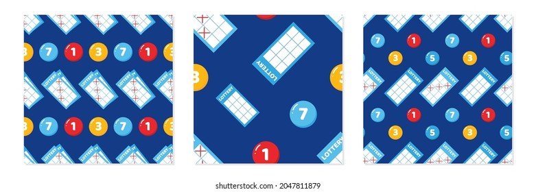 Set, collection of three vector seamless pattern background with lottery tickets and lottery numbered balls.
