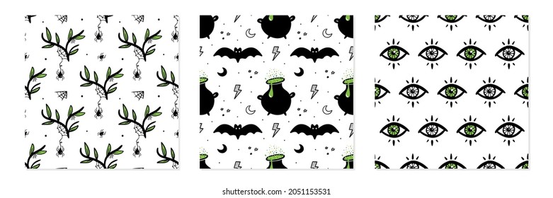 Set, collection of three vector seamless pattern backgrounds for Halloween, witchcraft and magic design.
