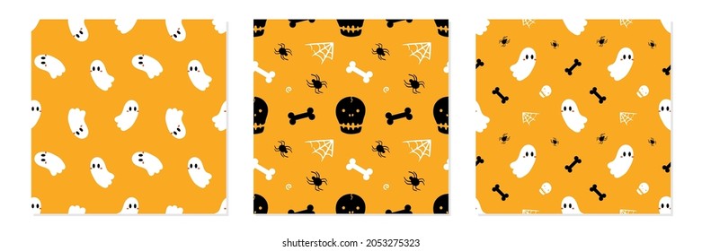 Colección de tres fondos vectoriales sin fisuras con fantasmas, cráneos y huesos para el diseño de Halloween.
