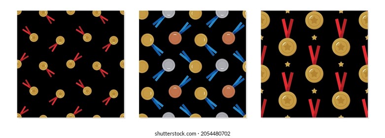 Conjunto, colección de tres vectores de fondo de patrón sin fisuras con medallas de oro, plata, bronce para el diseño deportivo y de éxito empresarial.
