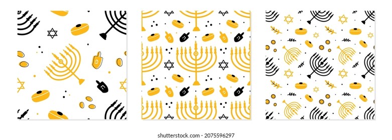 Set, collection of three vector seamless pattern backgrounds for Hanukkah celebration design with menorah, dreidels, coins, david stars, sufganiyot.