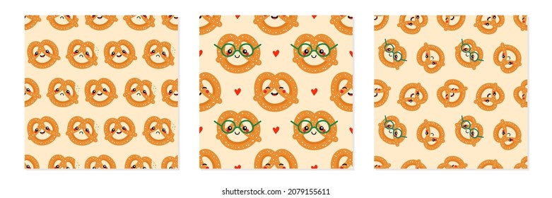 Set, collection of three vector seamless pattern backgrounds with smiling pretzel, knot-shaped baked pastry characters.