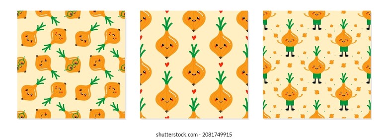 Set, collection of three vector seamless pattern backgrounds with cute and happy onion characters.