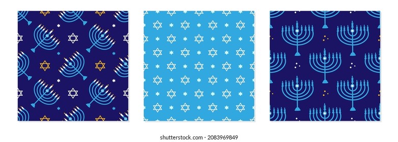 Set, collection of three vector seamless pattern background for Hanukkah celebration design with menorah, david stars and dots.
