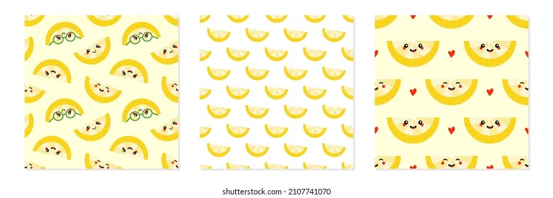 Set, collection of three vector seamless pattern backgrounds with lemon slices and lemon characters for food and nature design.
