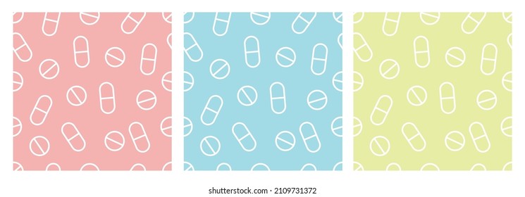 Set, Sammlung von drei Vektorgrafik-nahtlosen Muster Hintergründe mit Medizin, Tabletten für Gesundheitswesen und Pharmazie-Design. Weiche Farben. Vektorgrafik gut für Druck, Textilien, Banner, Hintergrund