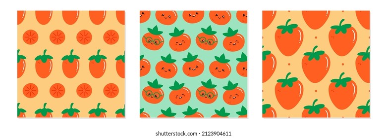 Set, collection of three vector seamless pattern backgrounds with fresh orange persimmons and smiling persimmon characters for food and nature design.
