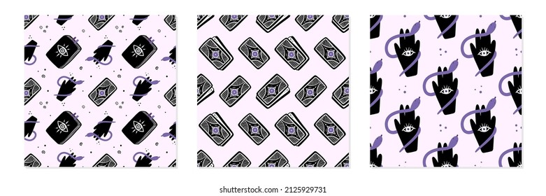Set collection of three vector seamless pattern backgrounds with spell books, tarot cards and hands for magic, witchcraft, psychic reading design.
