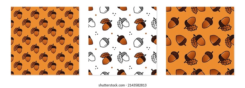 Set, collection of three vector seamless pattern backgrounds with acorns for autumn, fall design.
