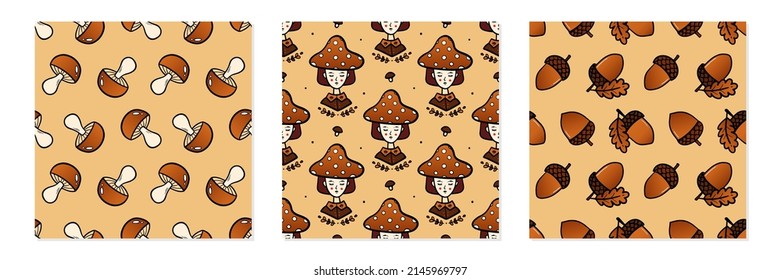 Set, collection of three vector seamless pattern backgrounds for autumn, fall design with mushrooms, acorns and girl wearing dotted mushroom hat.
