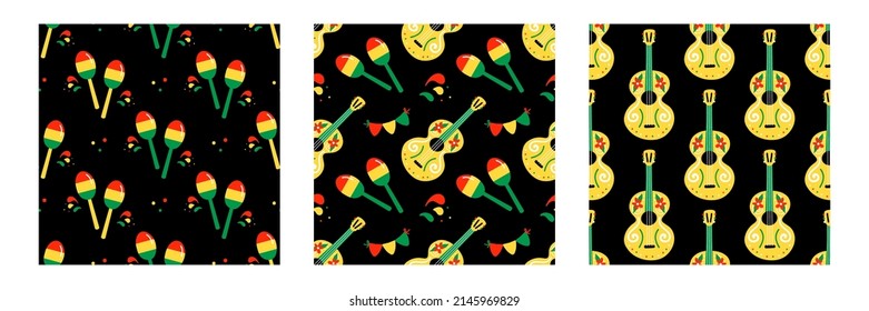 Set, collection of three vector seamless pattern backgrounds for Cinco de Mayo design with maracas, guitars and garlands.