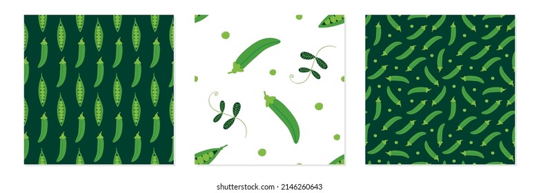 Set, collection of three vector seamless pattern backgrounds with green peas for vegan food, grocery market design.

