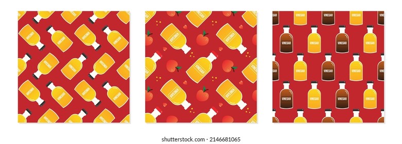 Set, collection of three vector seamless pattern backgrounds with bottles of apple cider vinegar.
