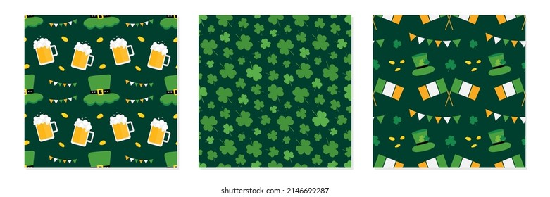 Set, Sammlung von drei Vektorhintergründen für das St.Partick’s Day Design mit Flaggen von Irland, Bier, Münzen, Kobobolthüten und Garlanden.