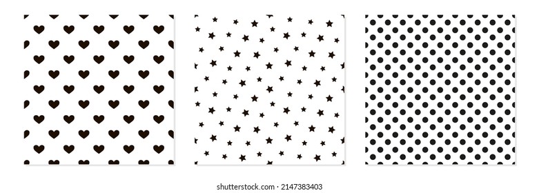 Set, collection of three vector seamless pattern backgrounds with geometric design. Polka dots, hearts and stars patterns.
