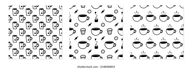 Set, collection of three vector seamless pattern backgrounds with black and white doodle tea cups, coffee and sweets. Tea party patterns.
