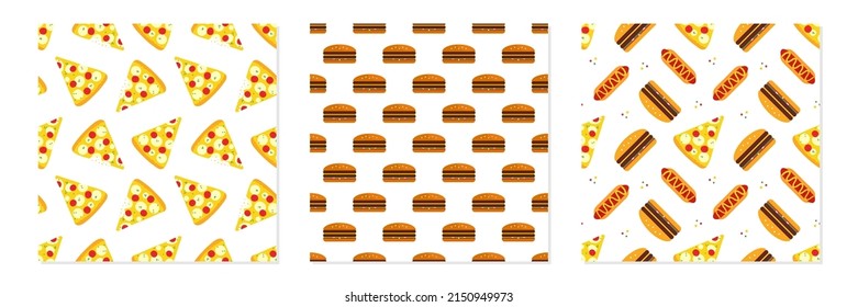 Set, collection of three vector seamless pattern background with pizza, burgers, hot dogs for fast food design.
