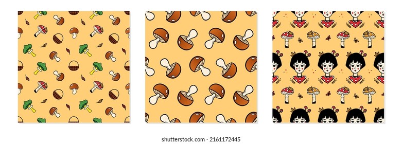 Set, collection of three vector seamless pattern backgrounds with young girl, mushrooms, leaves for autumn, fall forest design.
