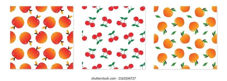 Set, collection of three vector seamless pattern backgrounds with apple, cherry, peach fruits for food and nature design.
