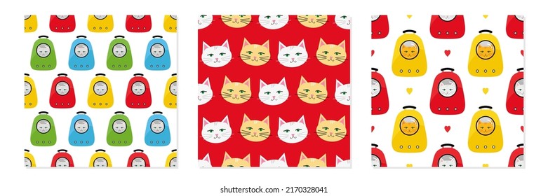 Set, collection of three vector seamless pattern backgrounds with  colorful rucksack bags, backpacks, pet carrier and cats.
