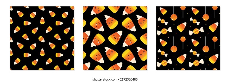 Set, collection of three vector seamless pattern backgrounds with cartoon style candy corns, lollipops, sweets for halloween, trick or treat design.
