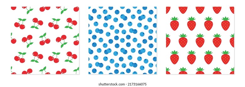Set, collection of three vector seamless pattern backgrounds with cherry, blueberry, strawberry for food and nature design.
