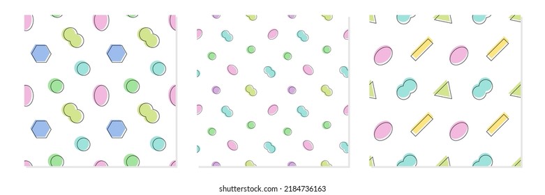 Set, collection of three vector seamless pattern backgrounds with abstract geometric shapes for 80s or 90s design. Memphis style pattern set.
