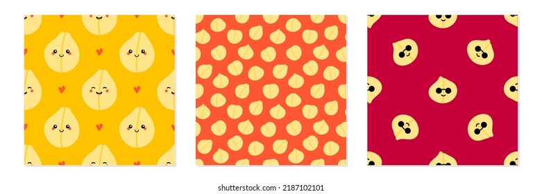 Set, collection of three vector seamless pattern backgrounds with chickpeas, chick pea seeds characters.
