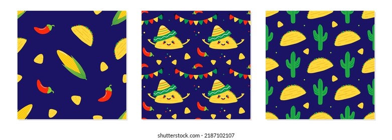 Set, collection of three vector seamless pattern backgrounds with Mexican food, taco characters, chili peppers, corn and nacho chips.