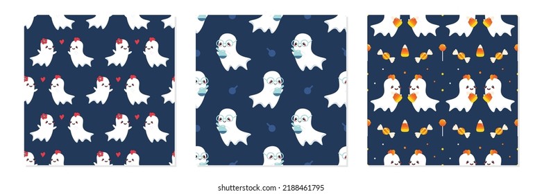 Set, collection of three vector seamless pattern backgrounds for  Halloween design with cute cartoon style ghost characters.

