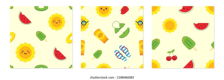 Set, collection of three vector seamless pattern backgrounds for summer, holidays, vacation design.