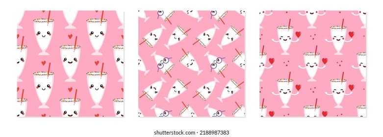 Set, Collection Of Three Vector Seamless Pattern Backgrounds With  Vanilla Milkshake Glass Characters And Red Hearts.
