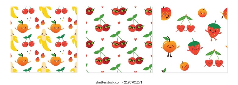 Set, collection of three vector seamless pattern background with cute fruits and berries characters. Cherry, banana, peach, strawberry, orange characters patterns for food and nature design.
