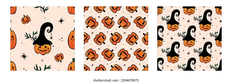 Set, collection of three vector seamless pattern backgrounds with hand drawn, doodle Jack o Lanterns, pumpkins, spiders, webs, dots for Halloween design.