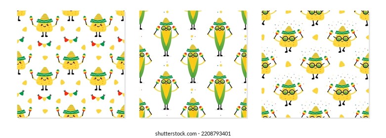 Set, collection of three vector seamless pattern backgrounds with cute corn, nacho chips characters for mexican food, festival and celebration design.
