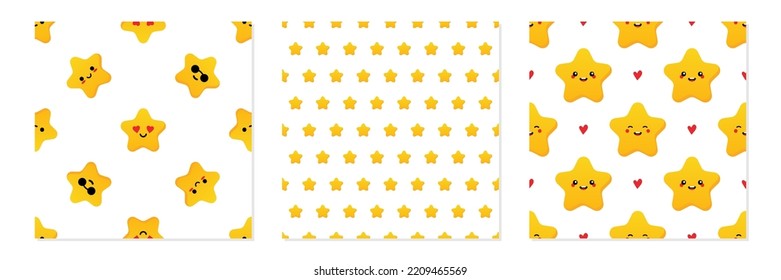 Set, collection of three vector seamless pattern backgrounds with  golden, yellow star characters.