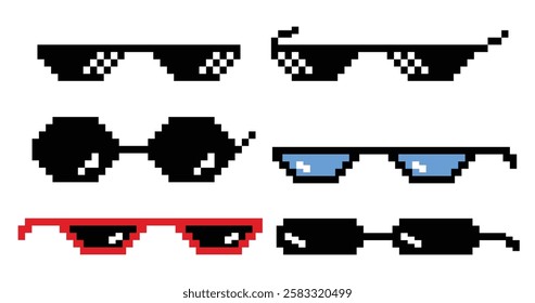 Set collection of Thug glasses. Pixel glasses. Meme. Bandit hit points. 8-bit. Video game style.Thug Life Gangster Cool Deal With It Viral Meme 8 Bit