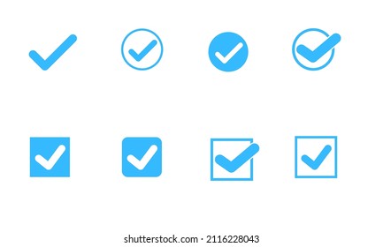 set collection of tick symbols in blue, check mark icon. Vector illustration.