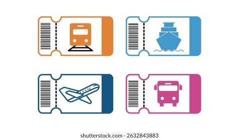 set collection ticket transportation train, bus, plane, sailing logo design template