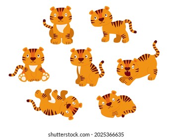 Set, a collection of tigers in different poses and emotions.  He sleeps, plays, growls. The symbol of the year of the Eastern calendar. Children's funny wild animal design. Vector graphics