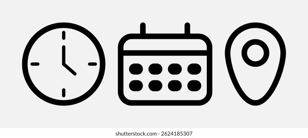Establecer o Colección de la Locación de la fecha de la hora o el icono de la Dirección. Icono de Vector de arte de línea de alta calidad