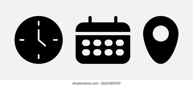 Establecer o Colección de la Locación de la fecha de la hora o el icono de la Dirección. Icono de Vector de alta calidad