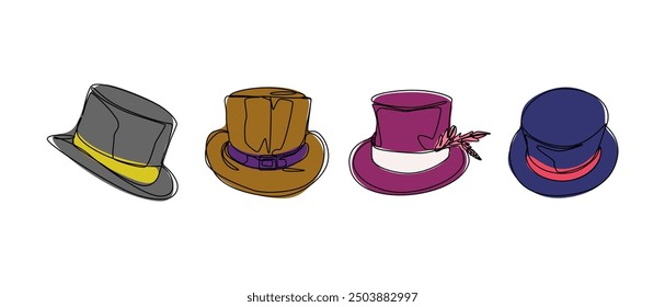 Set collection of top hat, magician cap. Editable line and colored. Vector illustration.